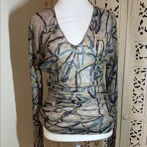 Missoni Multi-Color Sheer Metallic V-Neck Long Sleeve Top